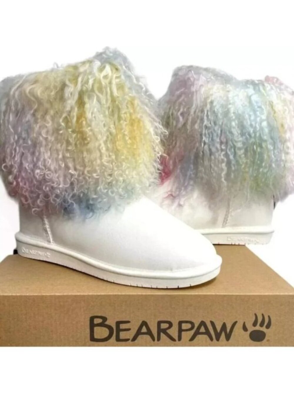 Bearpaw Boo Rainbow Tie-dye Shearling Curly Lamb Fur Boho Sherpa Boots 10 NEW